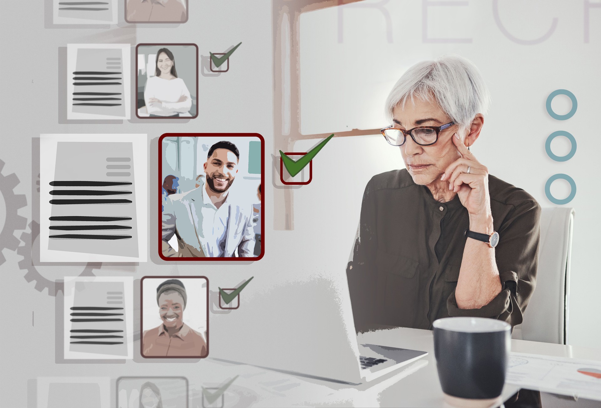 Human resources, recruitment and thinking with woman in office for job interview, resume or employee database. Overlay, hiring and search with manager and laptop for digital, ceo and crm technology