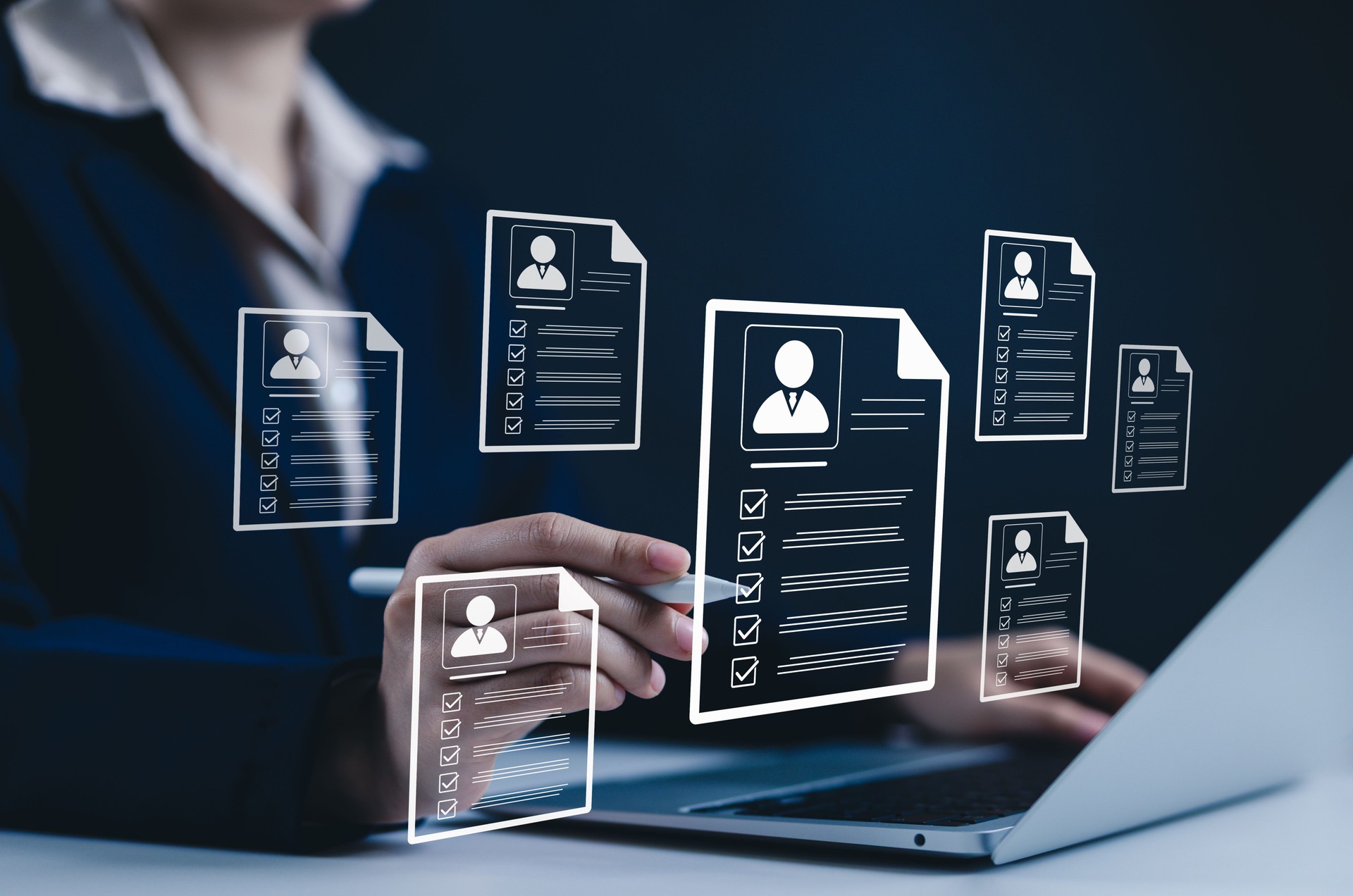 Digital Resume Screening by HR Professional. Human resource manager evaluate multiple resumes or CV online, modern recruitment and candidate selection processes. best employees for corporate business.